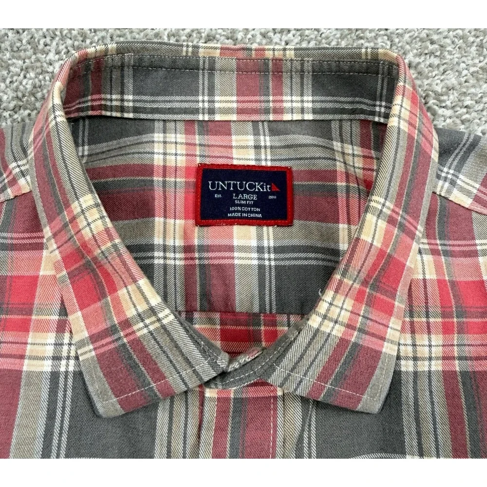 UNTUCKit Jadot Flannel Shirt Mens L Slim Fit Red Gray Plaid Brushed Cotton